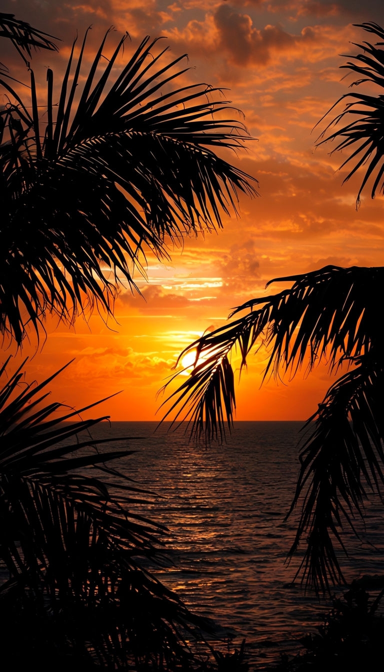 Serene Tropical Sunset Over Ocean with Silhouetted Palms Mobile Wallpaper
