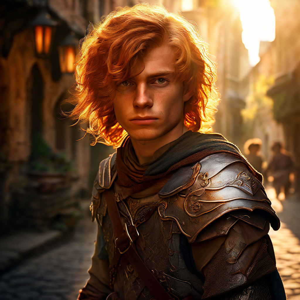 Red hair. short haircut. Young adult male. confident knight Scars.