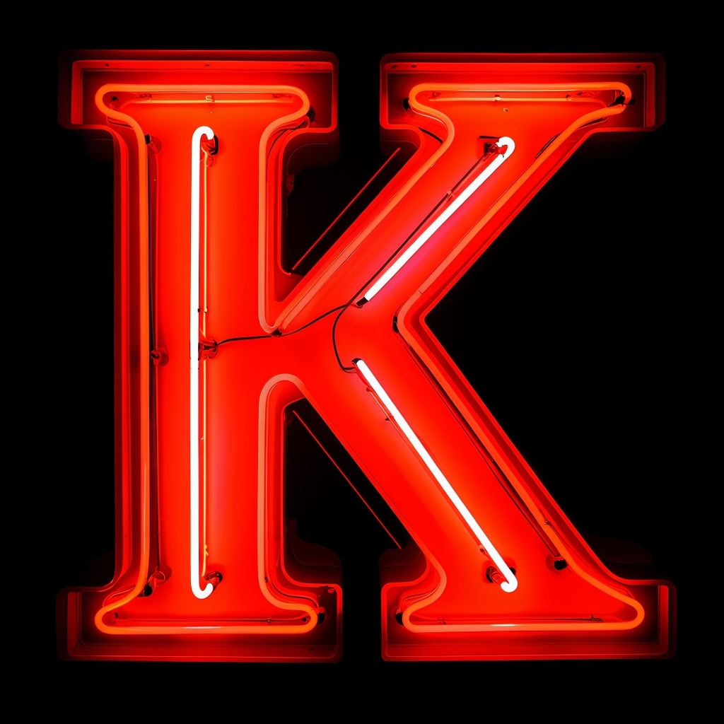 Bold Red Neon 'K' Letter Sign Against Black Background Monogram