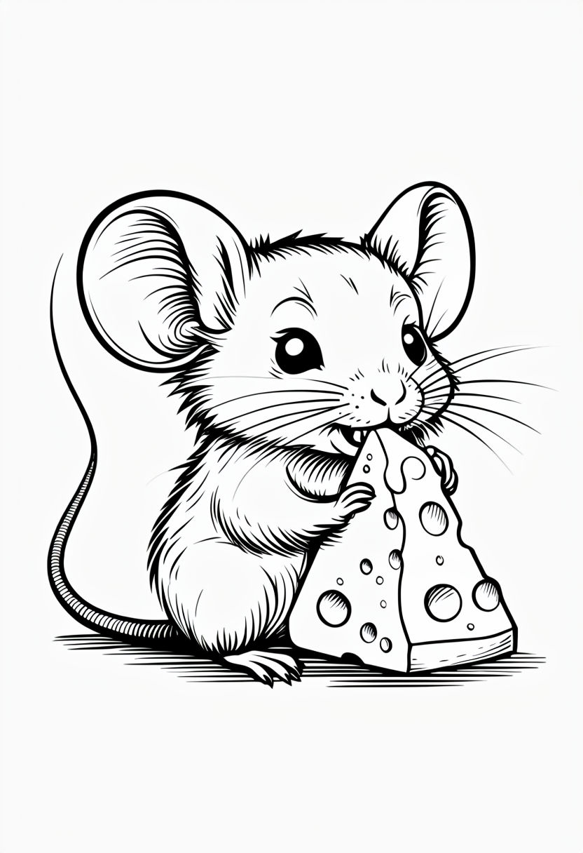 Curious Mouse Nibbling Cheese Black and White Line Drawing Coloring Book Pages