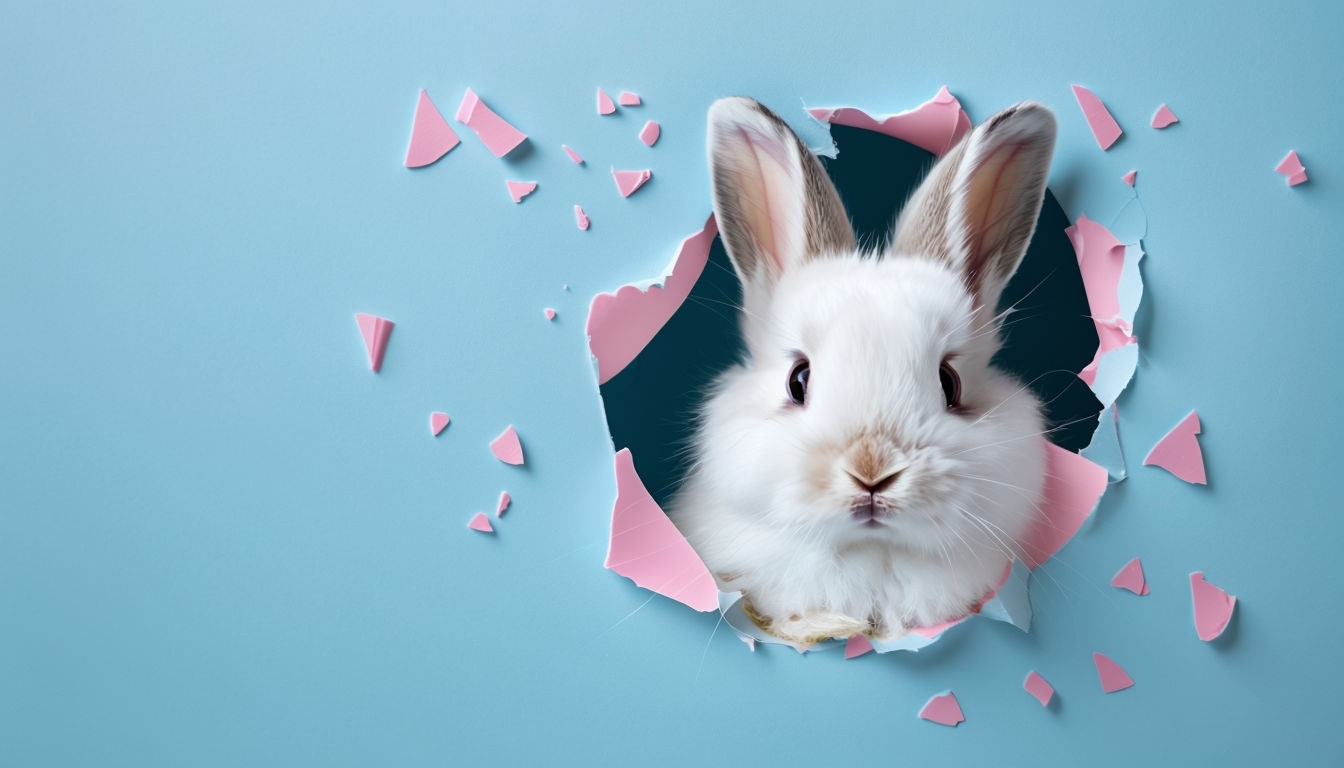 Playful White Rabbit Framed in a Torn Light Blue Wall Background