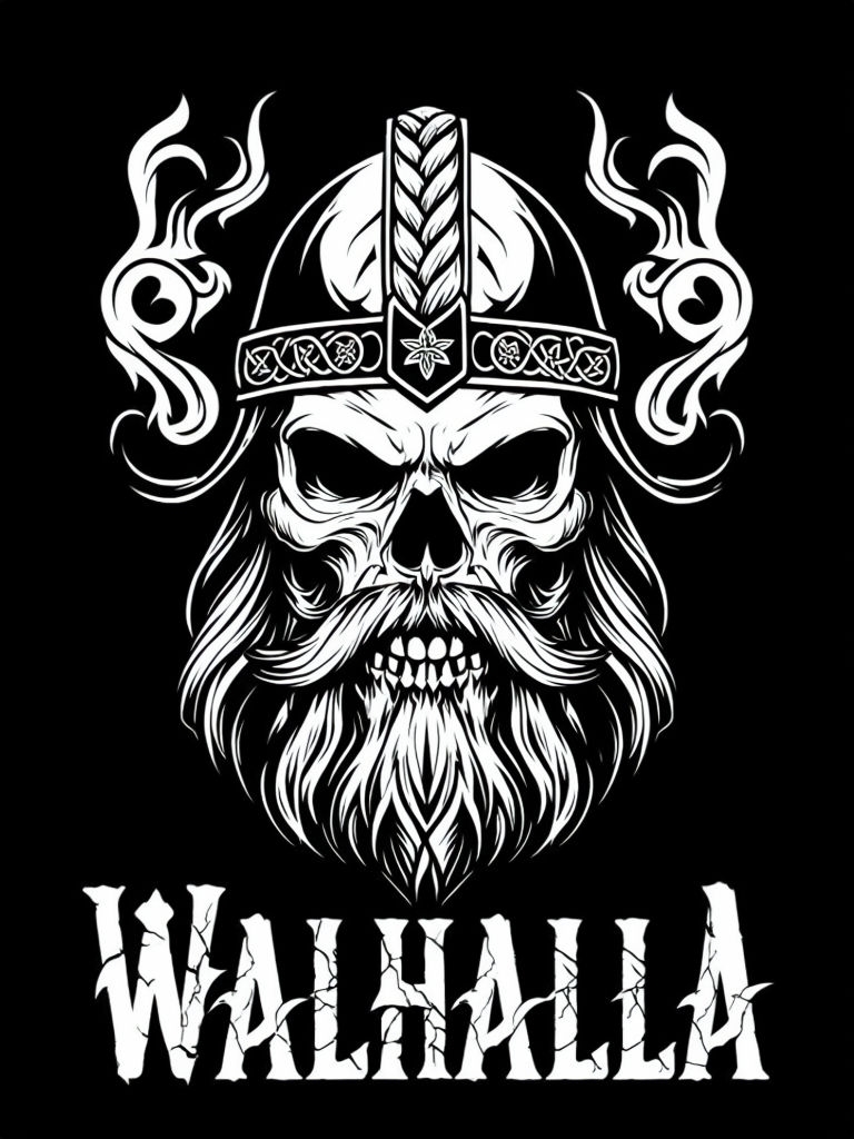 Striking Black and White Viking Skull Warrior T-Shirt