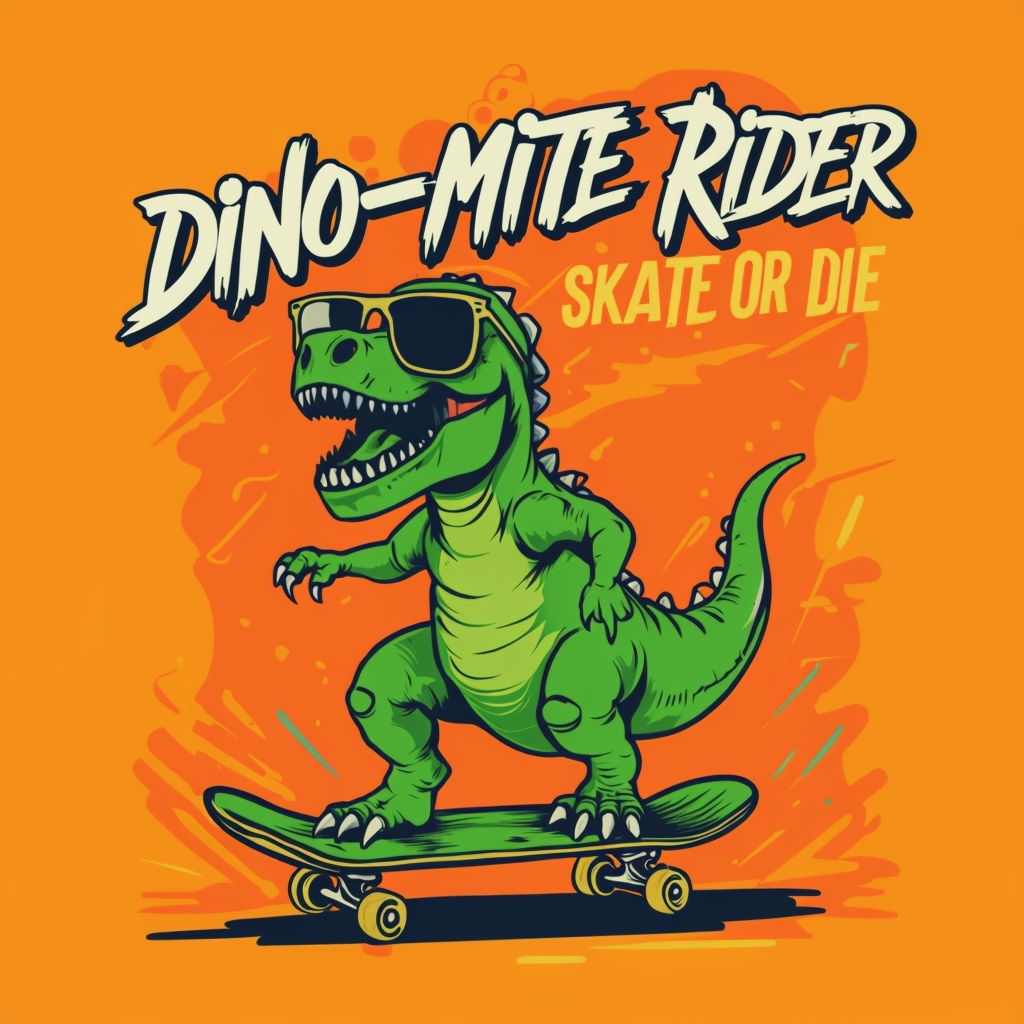 Playful Dinosaur Skateboarder T-Shirt Design with DINO-MITE RIDER Text