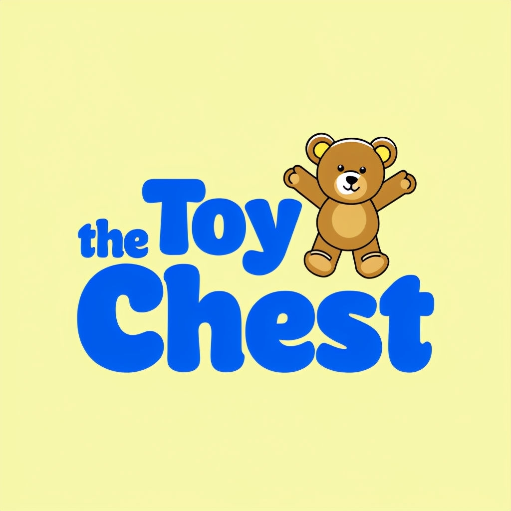 Playful 'The Toy Chest' Logo with Cartoon Teddy Bear Illustration