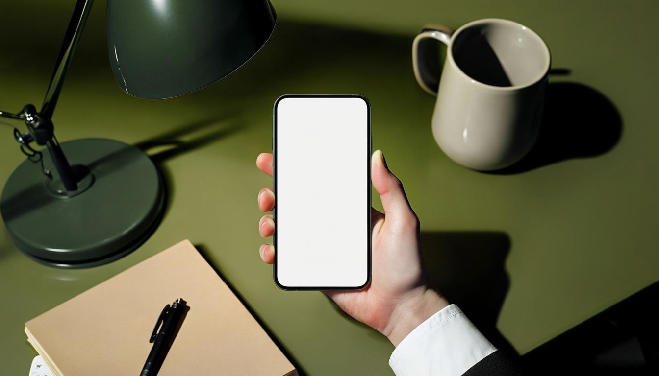 Modern Smartphone on Olive Green Workspace Mockup