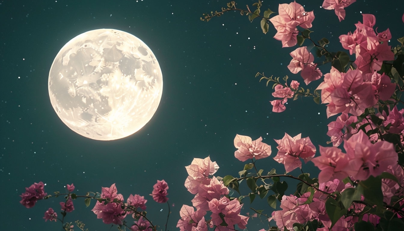 Serene Nighttime Landscape with Full Moon and Bougainvillea Flowers Virtual Backgrounds