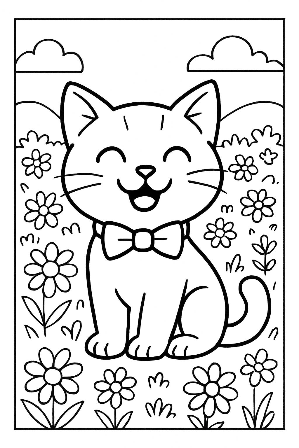 Happy Cartoon Cat Surrounded by Flowers Coloring Page