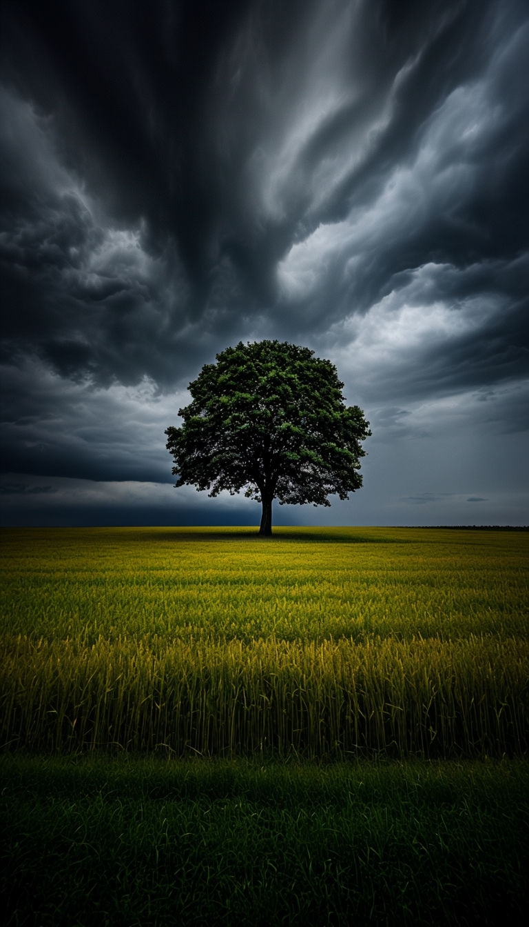 Lone Tree in Dramatic Landscape with Stormy Sky Mobile Wallpaper