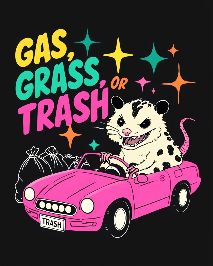 Humorous Exaggerated Possum in Pink Convertible Poster