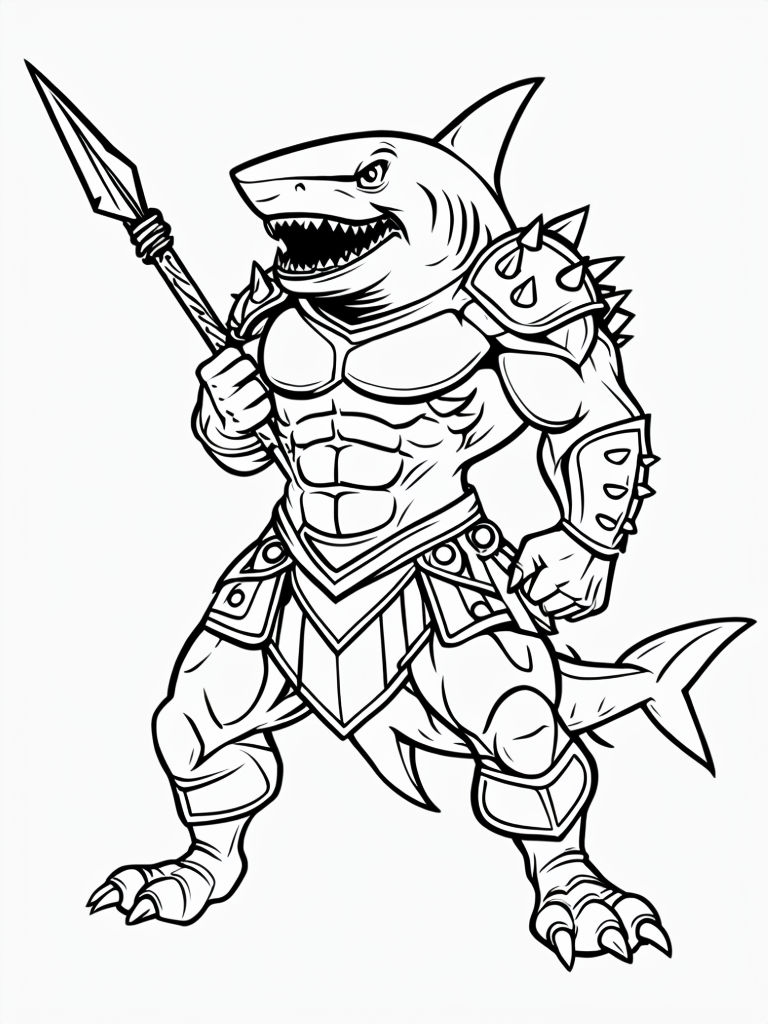 Bold Line-Art Shark Warrior Illustration for Coloring Book Pages