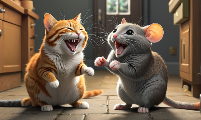 An orange cat and a gray animal mouse is laughing at each ot... by ...