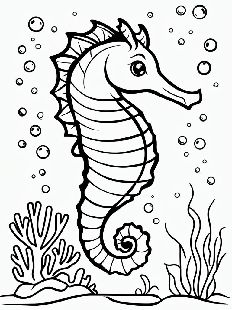 Cartoon Seahorse and Underwater Plants Coloring Page