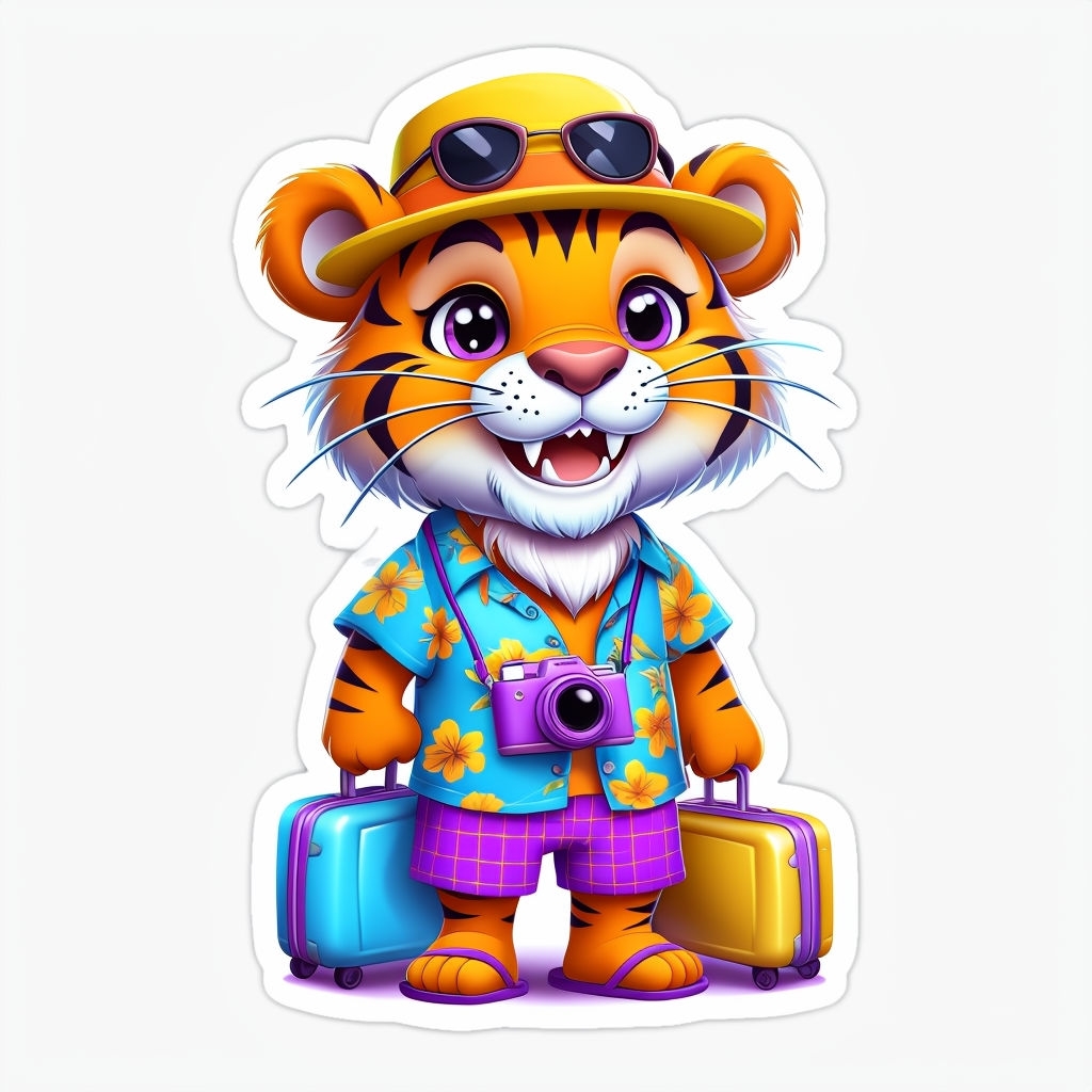 Cheerful Vacation Tiger Character with Luggage Sticker