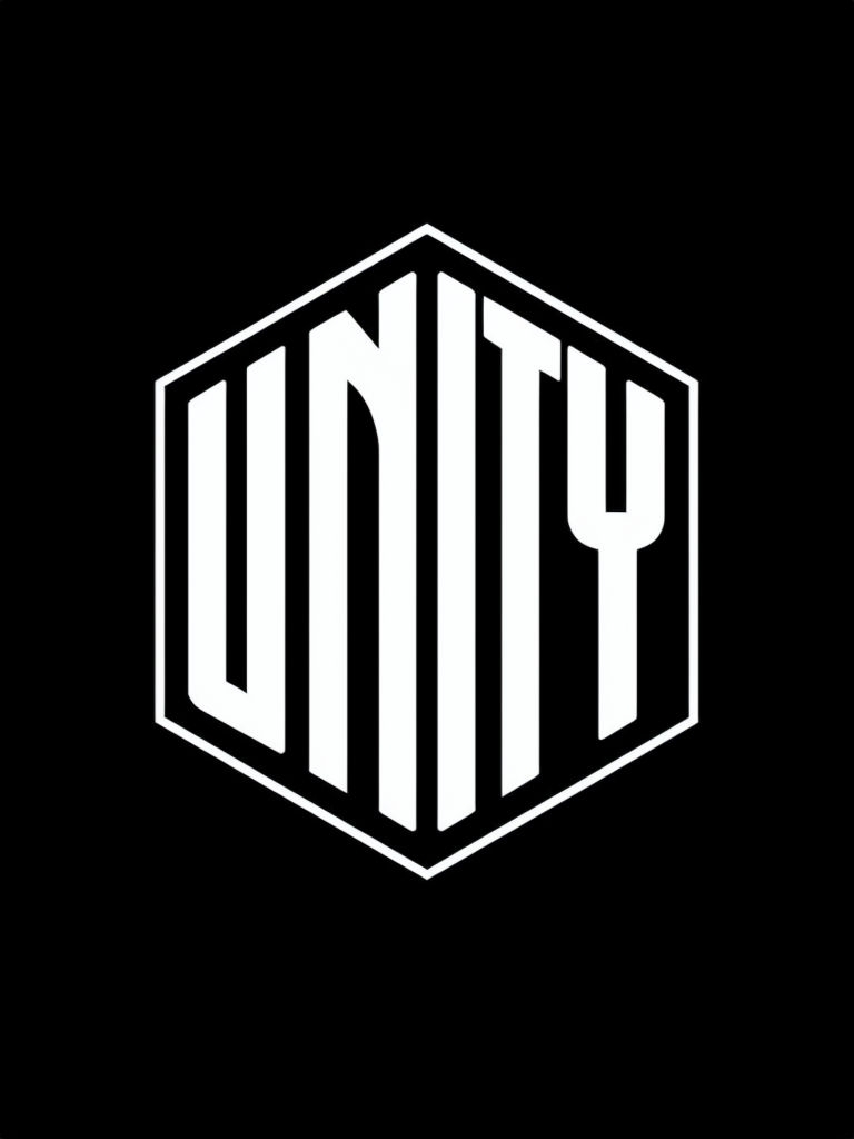 Bold Geometric UNITY Logo on Black Background Design Logo
