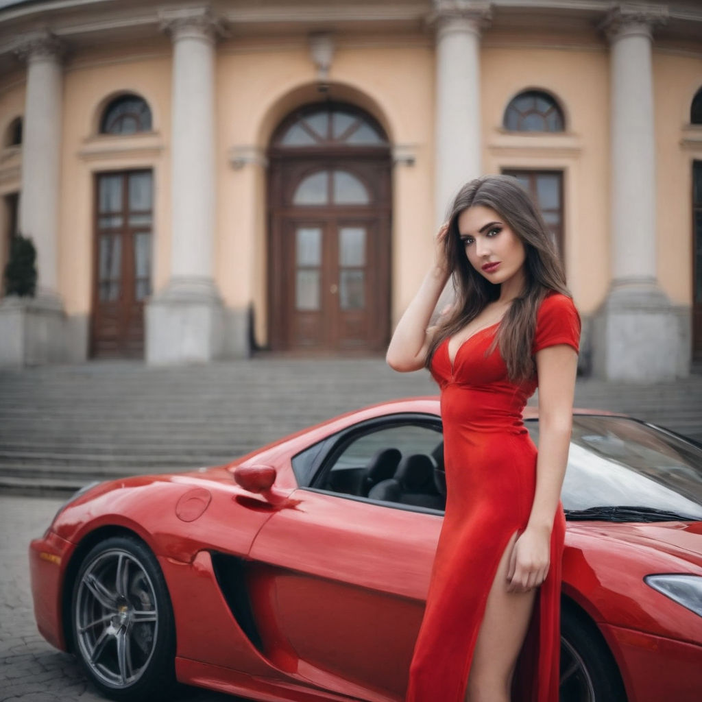 amazing cars and woman in red dress