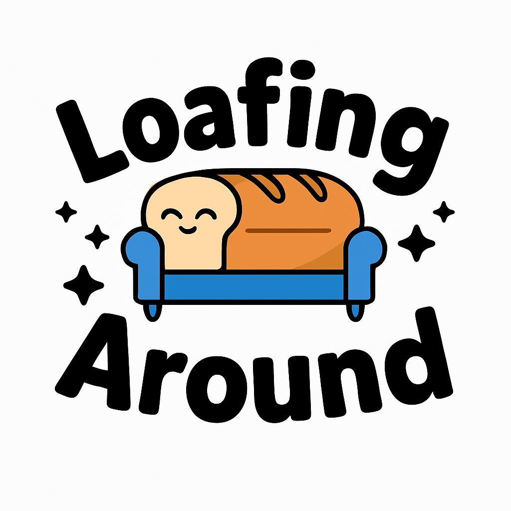 Whimsical Cartoon Bread Couch with 'Loafing Around' Text Sticker