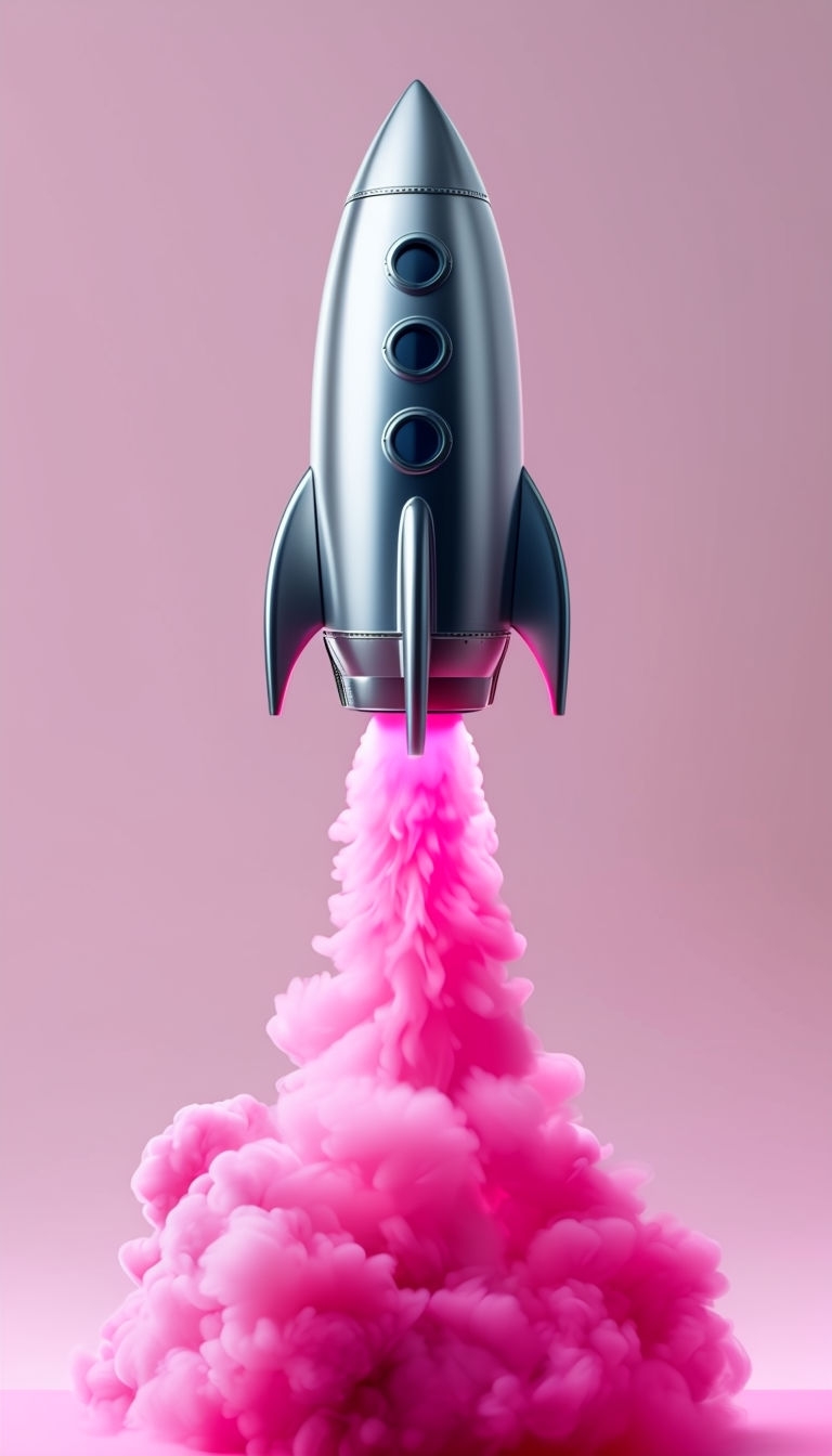 Sleek Metallic Rocket Ship with Pink Gradient Background Mobile Wallpaper