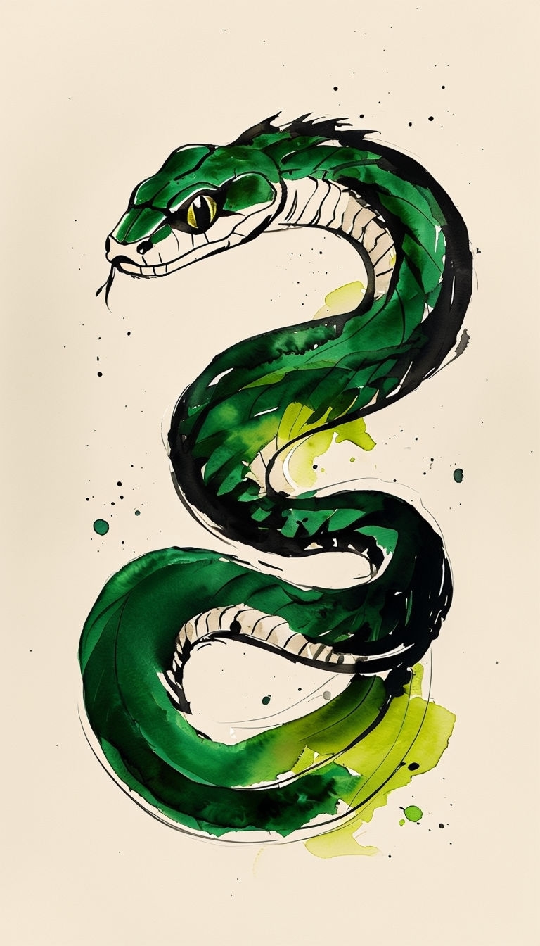 Stylized Emerald Serpent Ink Illustration with Watercolor Art