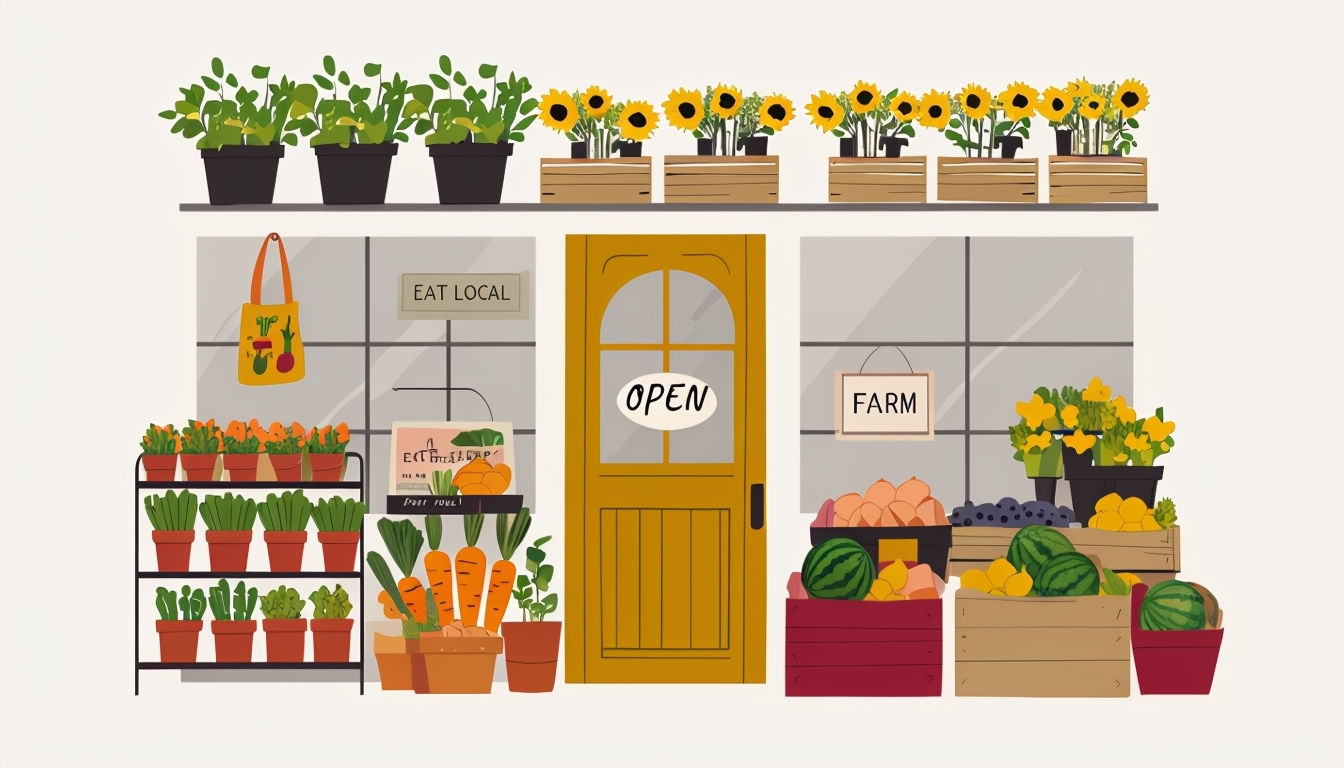 Charming Grocery Store Front with Fresh Produce Illustration Art