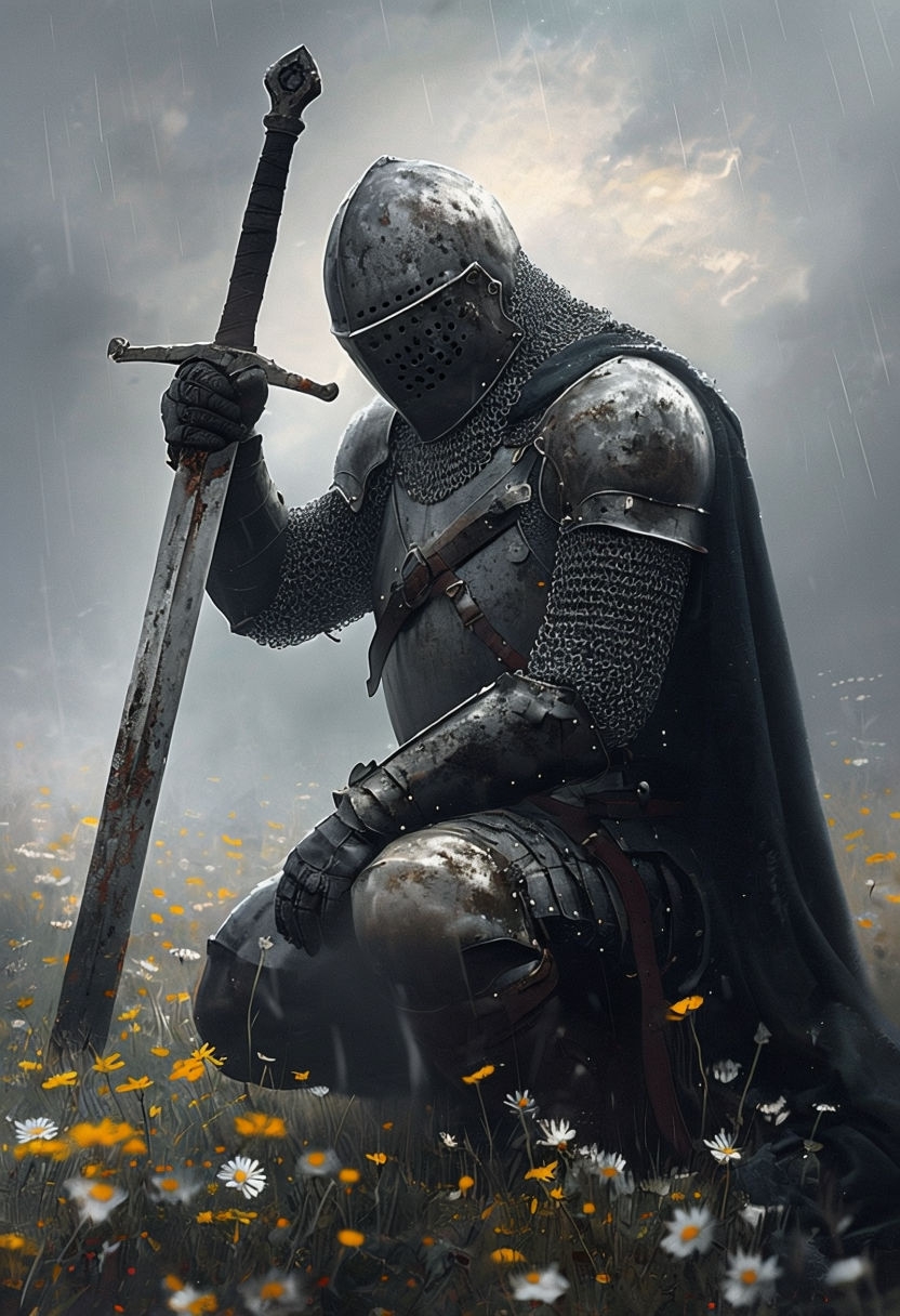 Melancholic Knight in Daisies Digital Art Painting Poster