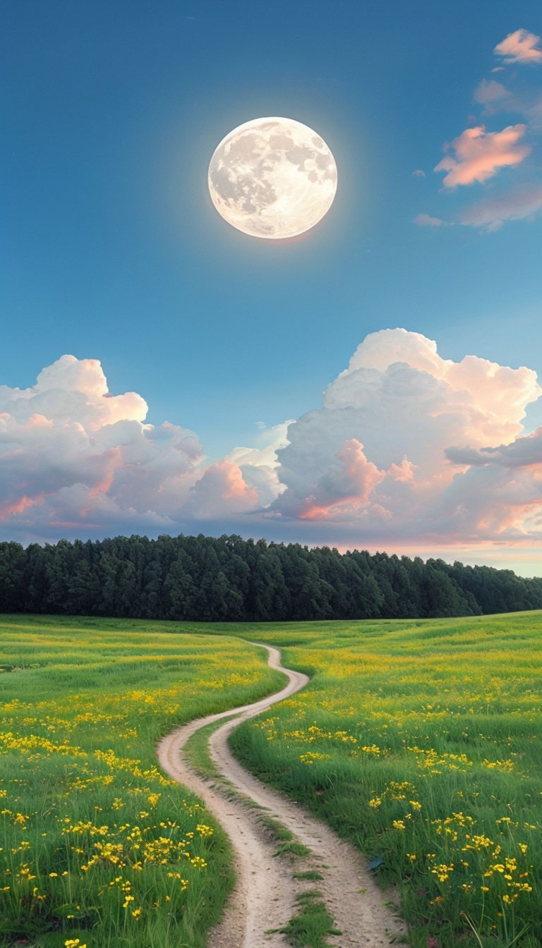Idyllic Natural Landscape with Full Moon and Wildflowers Mobile Wallpaper