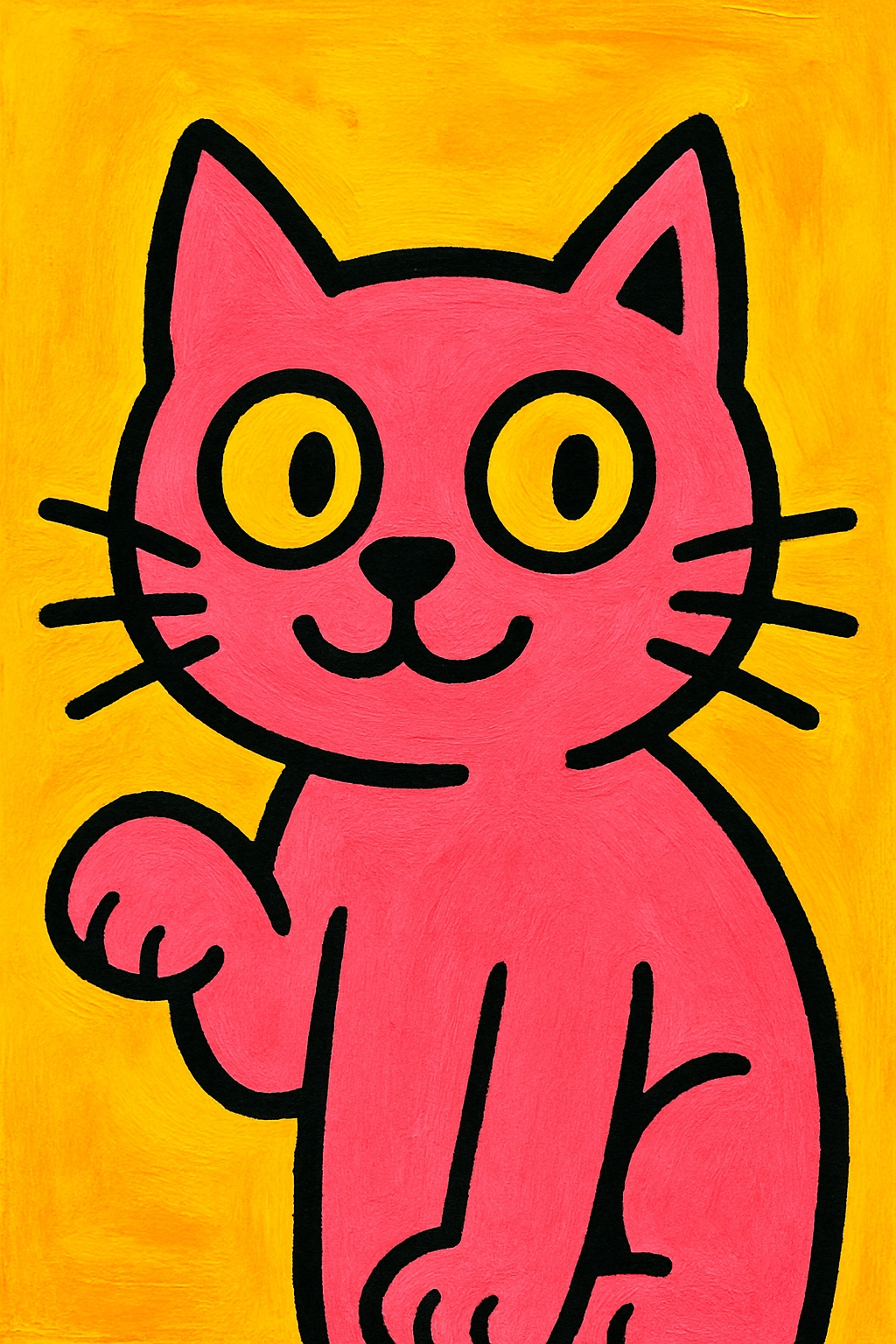 Cheerful Pink Cartoon Cat Pop Art on Bright Yellow Background Poster