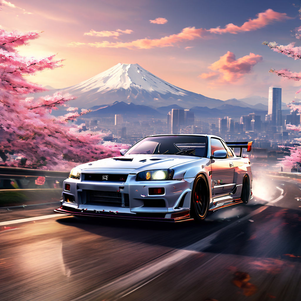 outdoor cinematic cinematic a dark purple Nissan Skyline GT - R at sunset  with cherry blossom trees