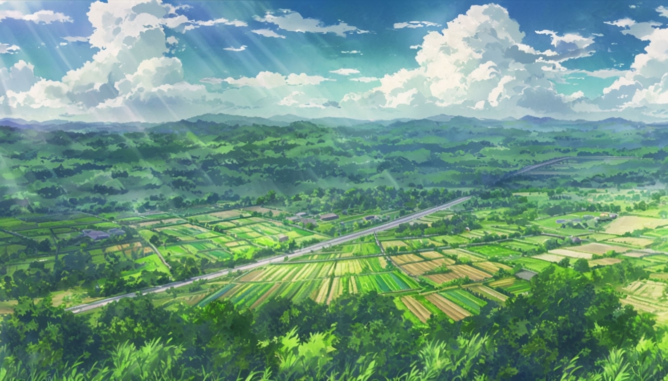 Serene Anime-Style Rural Landscape Illustration for Virtual Backgrounds