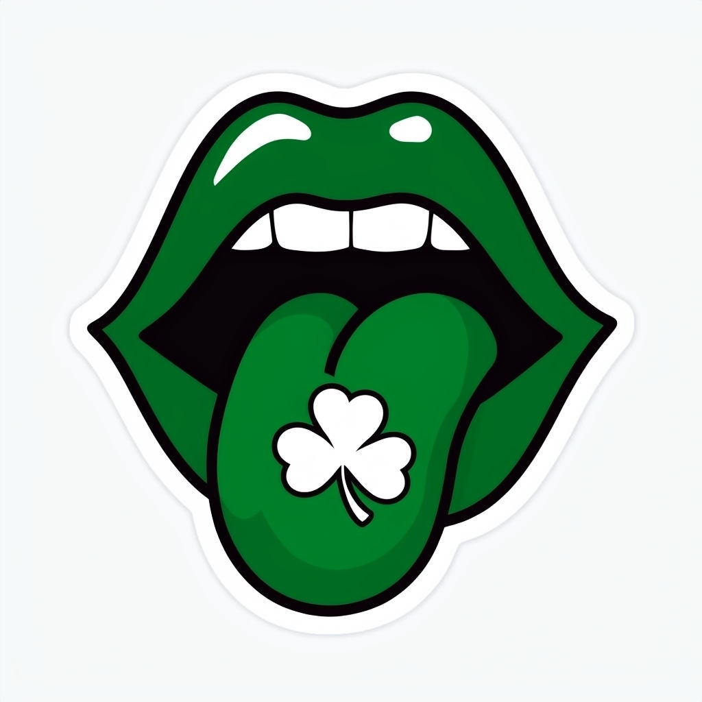 Vibrant Forest Green Cartoon Lips with Clover Sticker