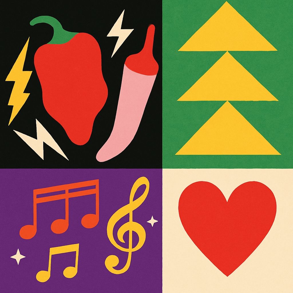 Vibrant Abstract Quadrant Pattern with Peppers and Musical Notes Seamless Pattern