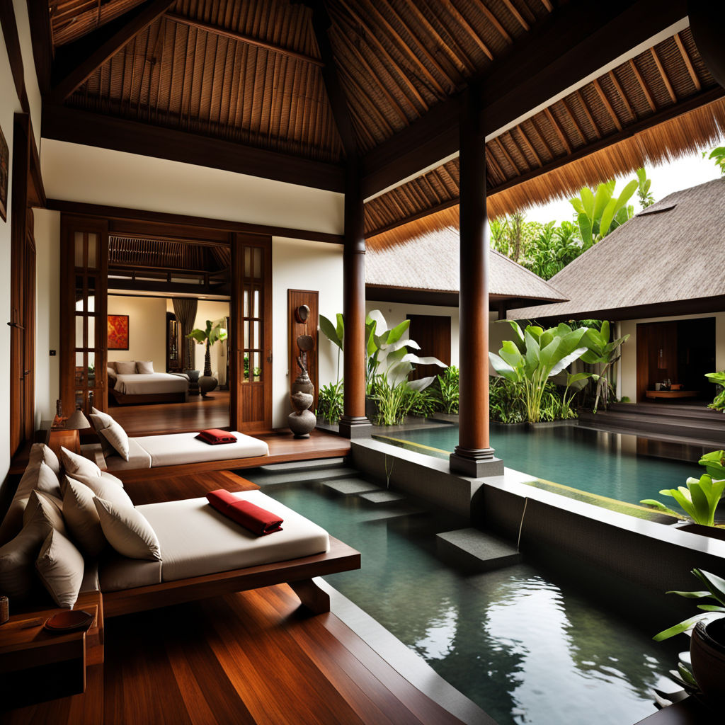 interior design of balinese house, balinese style design, conveys a sense of home, perfectly decorated, conveys warmth, natural,different perspectives, water flows, different perspectives