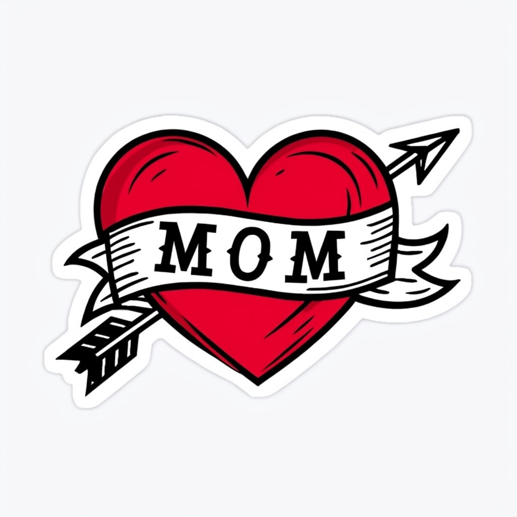 Vibrant Red Heart Tattoo Sticker with Mom Banner and Arrows