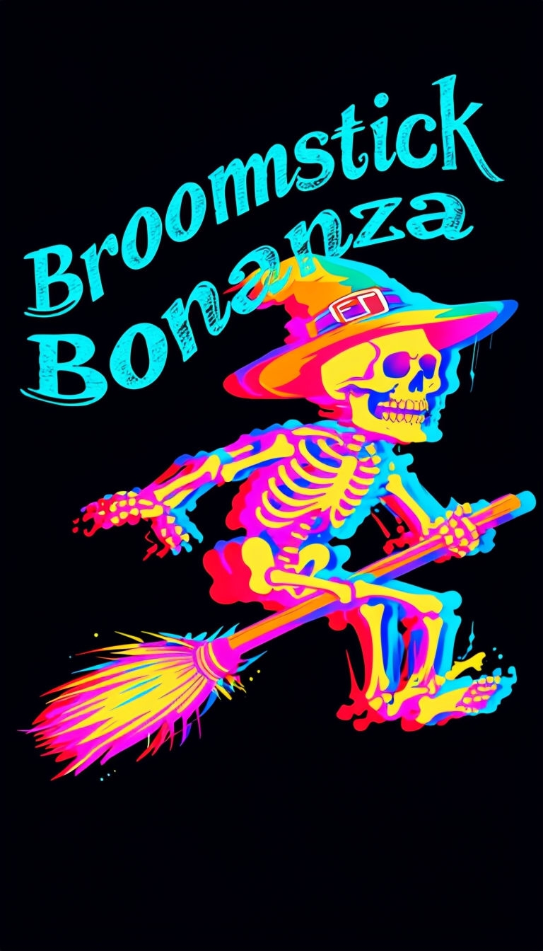 Vibrant Spooky Skeleton Broomstick Bonanza Art for Halloween Poster