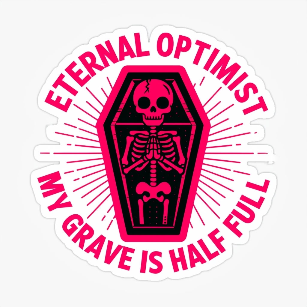 Dark Humor Skeleton Coffin Sticker with Eternal Optimist Text