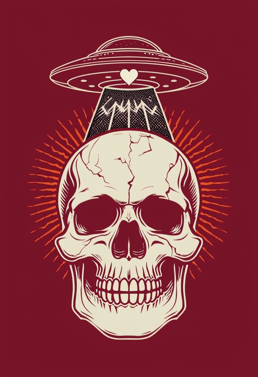 Retro Alien Abduction Skull and UFO Illustration Poster