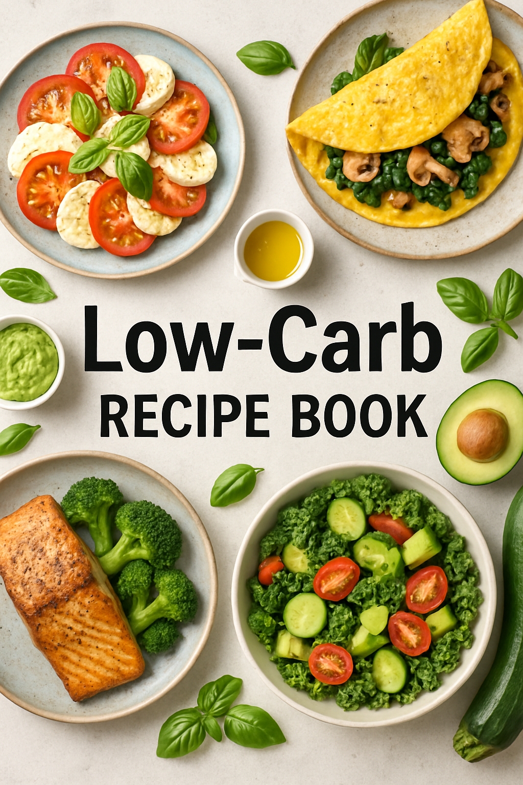 Vibrant Low-Carb Recipe Book with Fresh Dish Arrangements EBook Cover