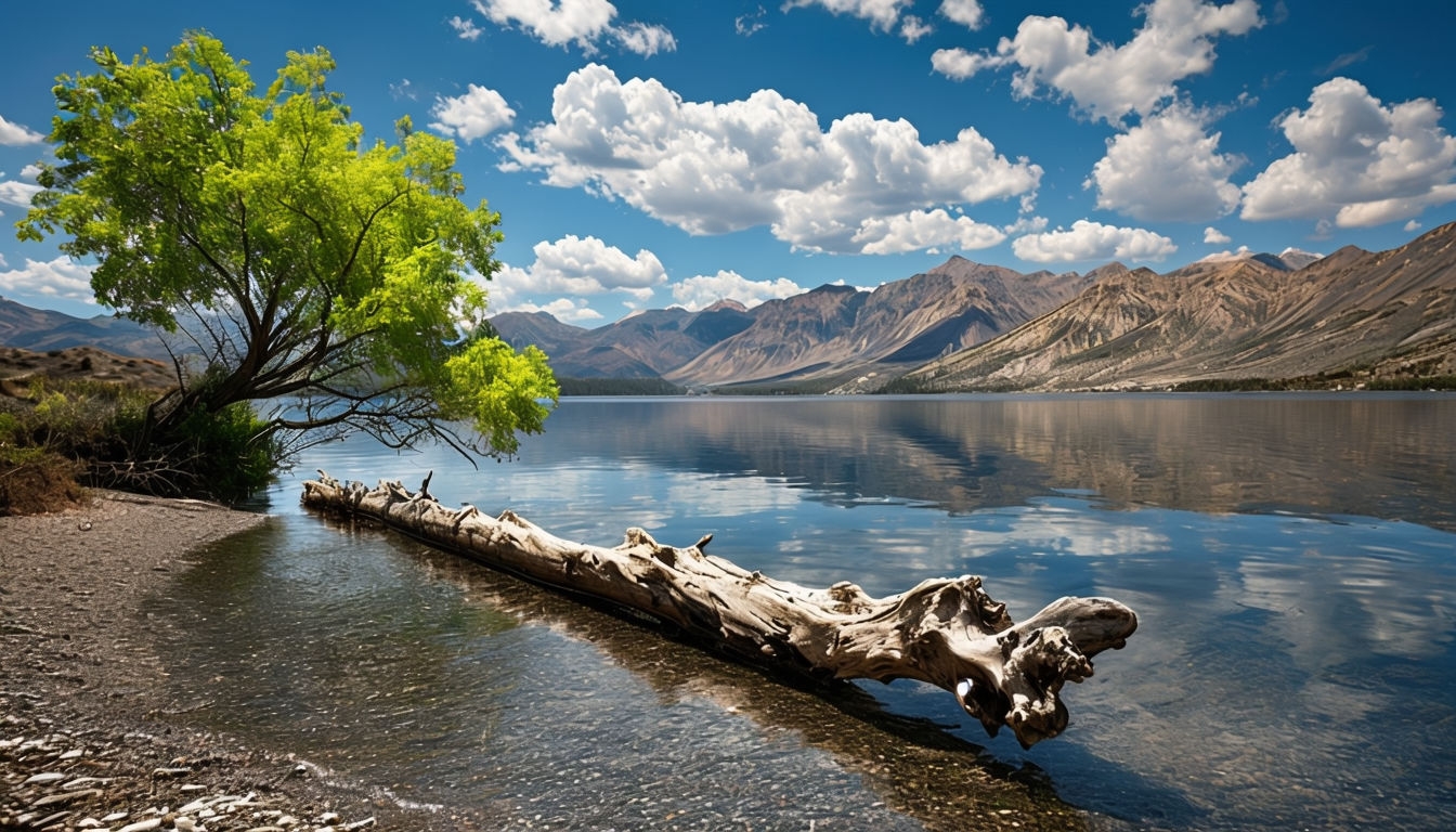 Tranquil Lake and Driftwood Serene Nature Art Poster