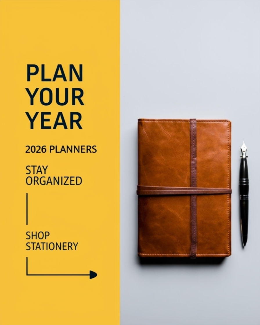 Stylish Leather Planner and Fountain Pen Ad for Staying Organized Ads