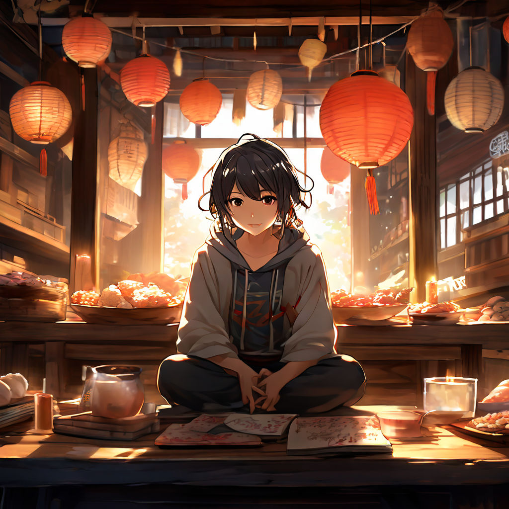 geeky anime girl sitting down eating hot ramen