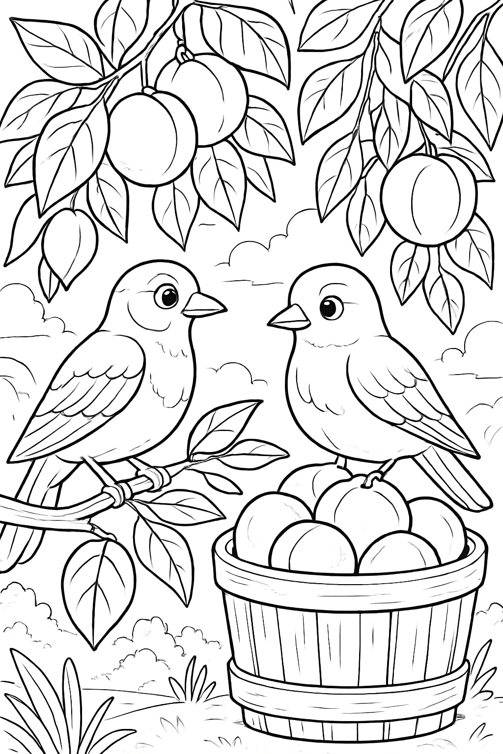 Serene Nature Scene with Birds and Basket Coloring Page