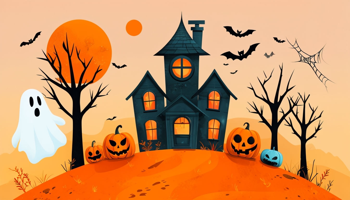 Spooky Halloween Haunted House and Pumpkins Art Poster