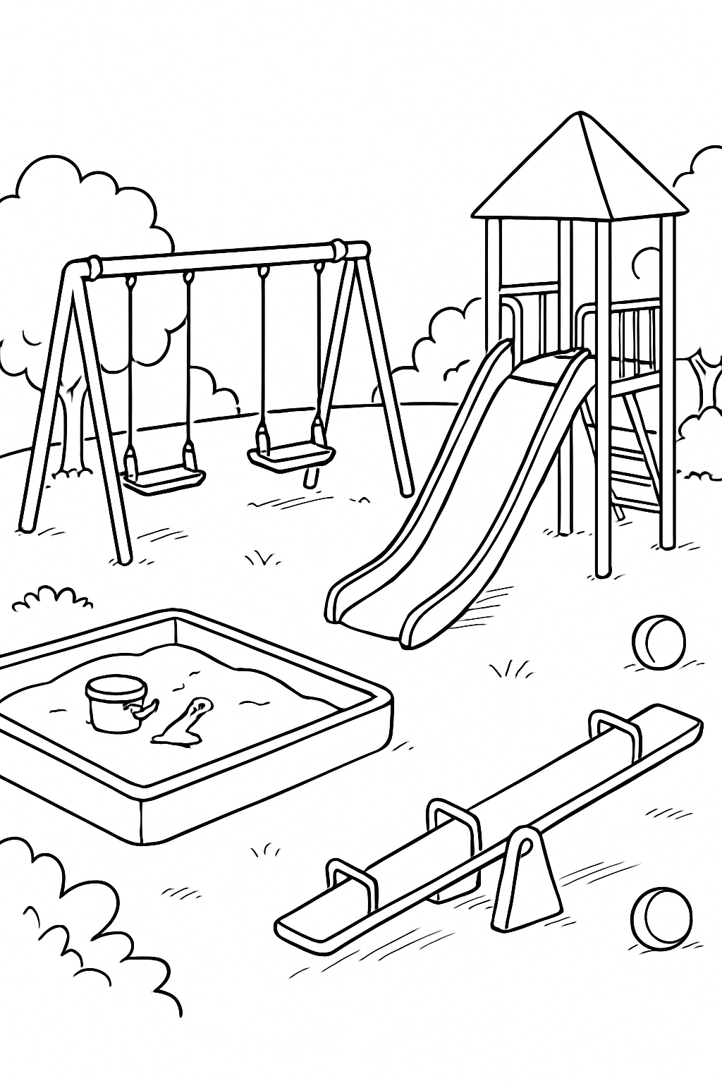 Playful Black and White Playground Scene Line Drawing Coloring Book Page