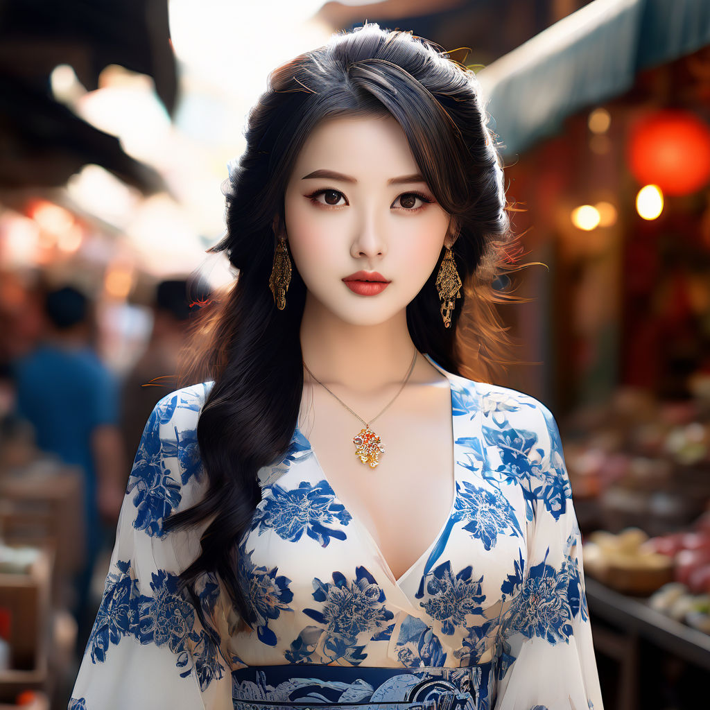 Asian pretty woman face big eyes and boobs and elegant dress