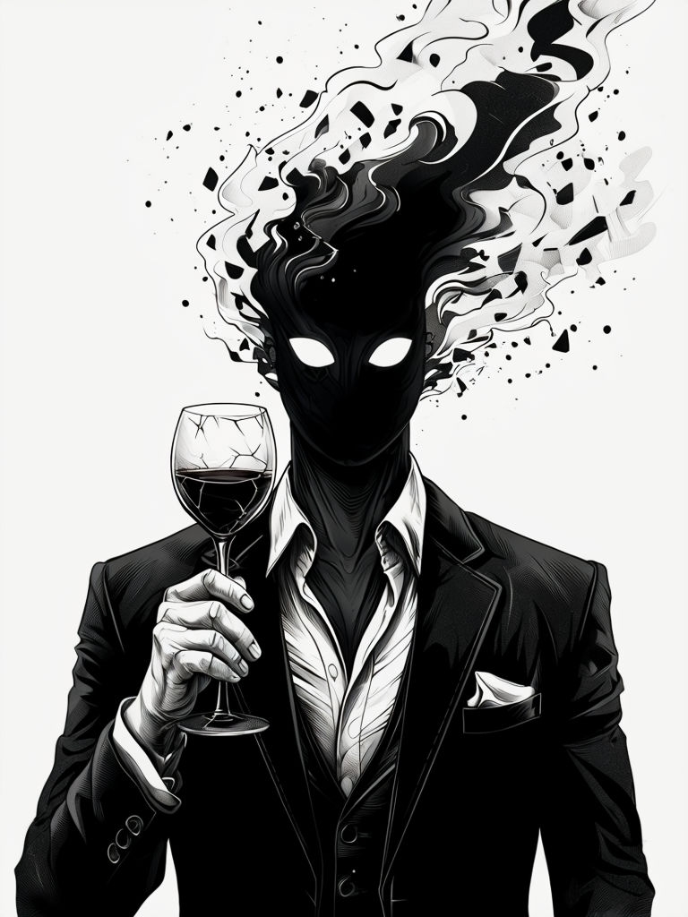 Mysterious Black-and-White Figure Illustration with Wine Glass Art
