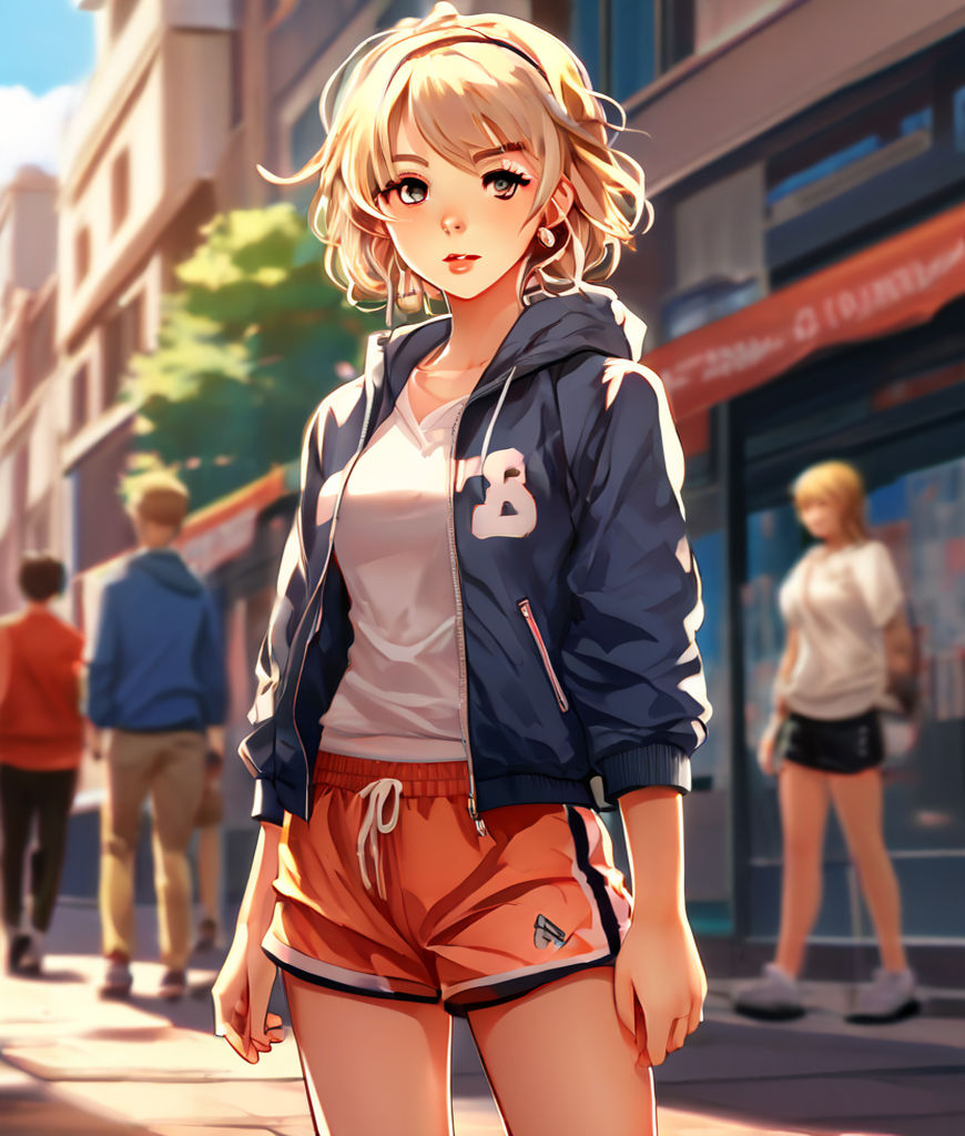 Young beautiful anime girl in full height in short shorts