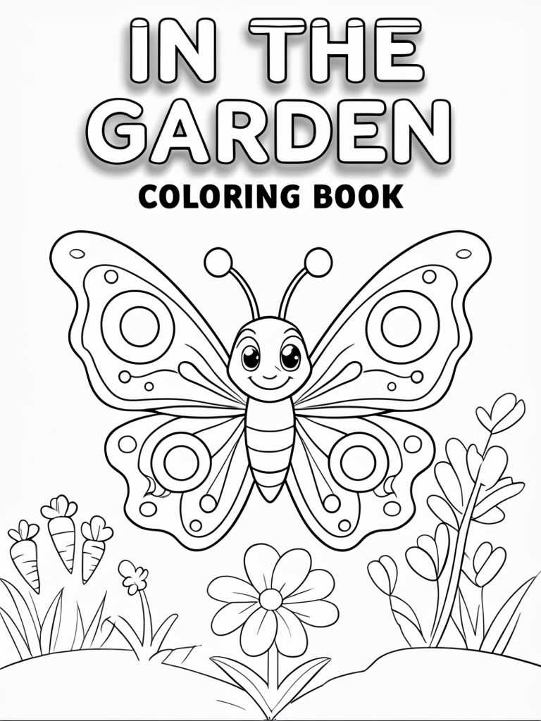 In the Garden Coloring Book Cover with Cheerful Butterfly Illustration Art