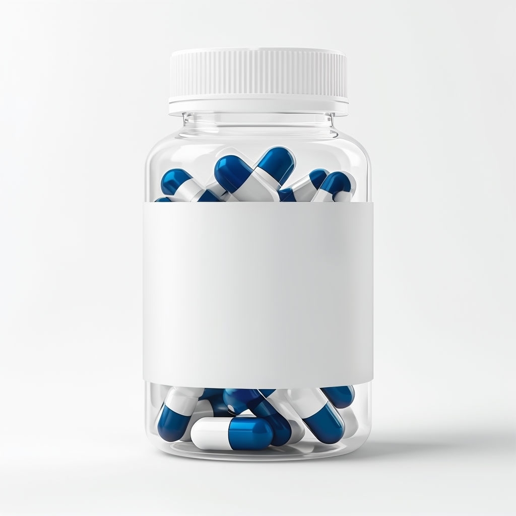 Minimalistic Clear Pill Bottle with Blue and White Capsules Mockup