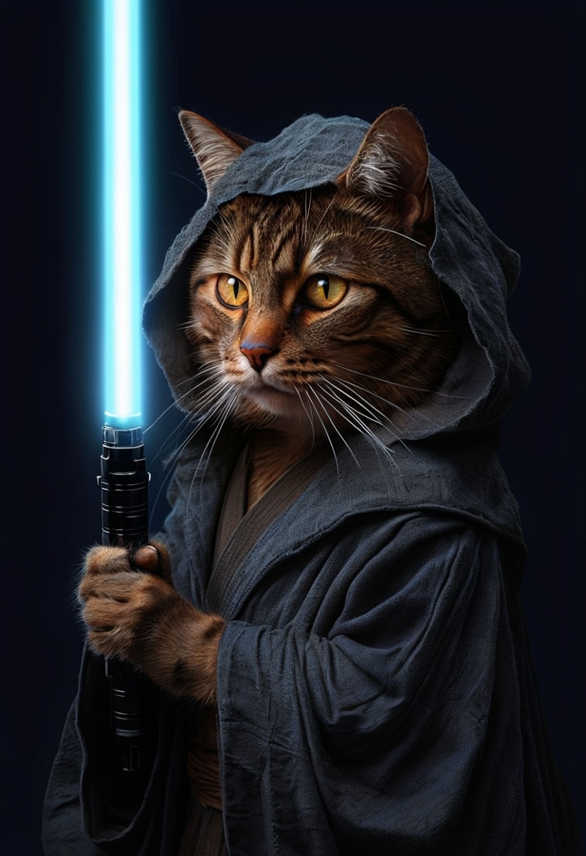 Whimsical Jedi Cat with Lightsaber Digital Painting Art