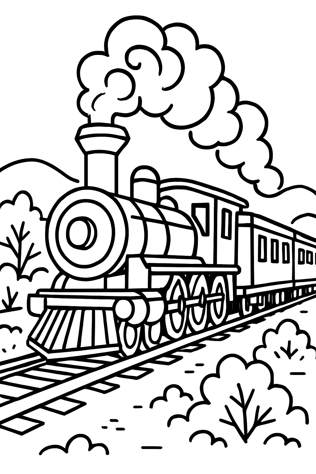 Vintage Steam Train Coloring Book Page Illustration