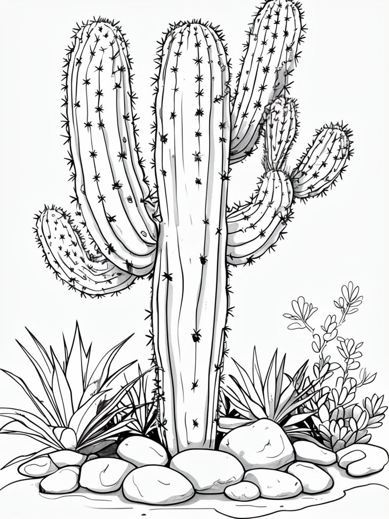 Intricate Black and White Cactus Illustration for Coloring Book Pages